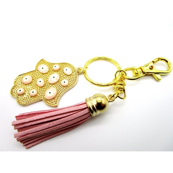 Gold tone pink evil eye hamsa charm key chain - pink leather tassel purse charm - Picture 3 of 5